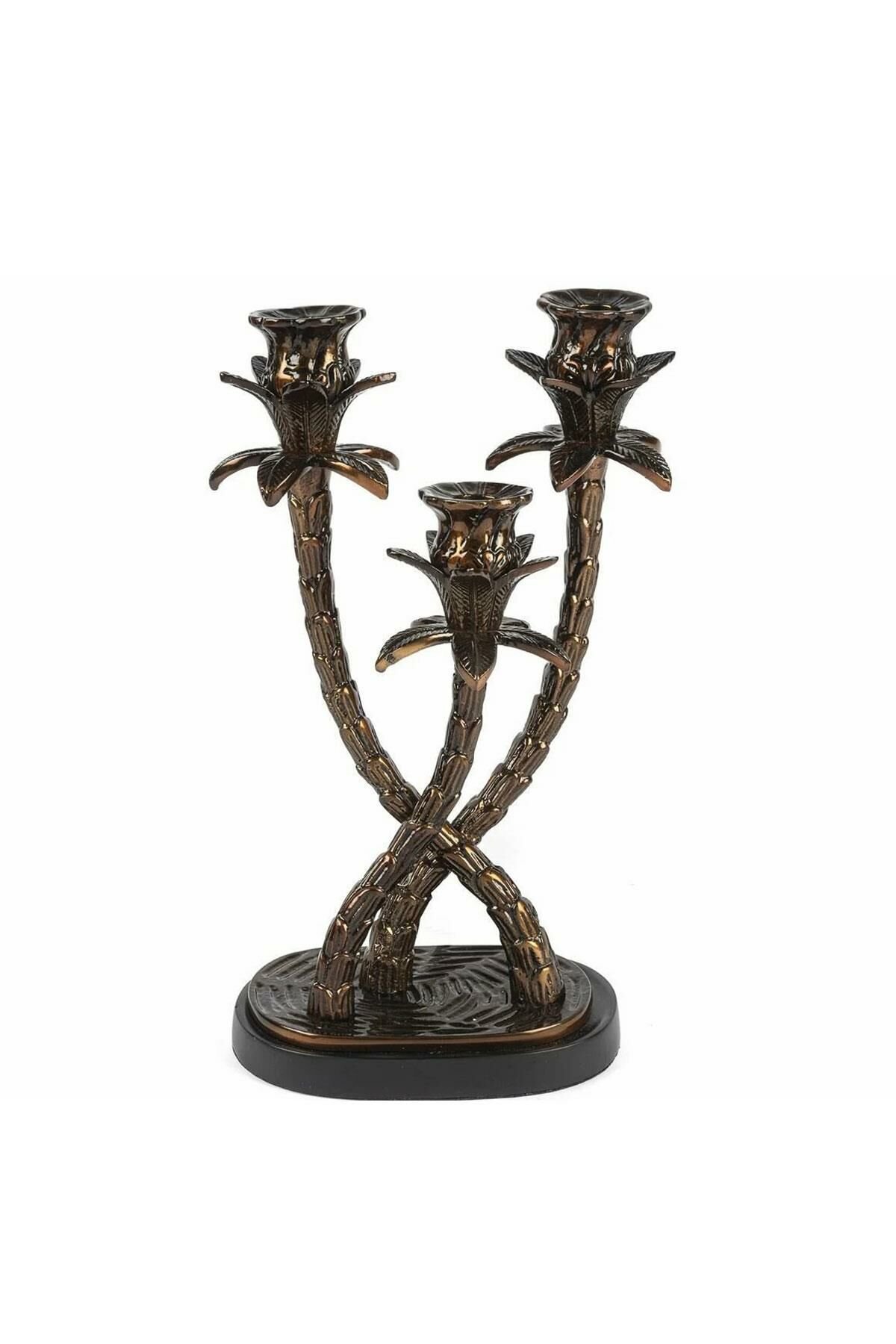 ANTİK BRONZ SİYAH 3KOLLU PALMİYE MUMLUK 24*34CM