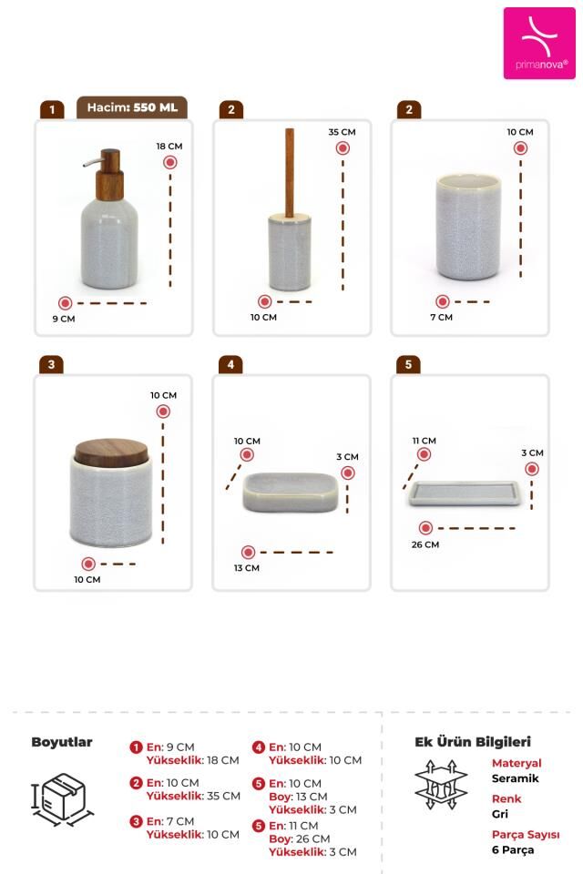 Prima Nova Elegance 6'lı Banyo Seti - Gri
