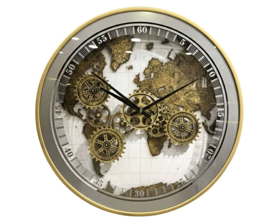 1SAS-816-GRİ 60 CM AYNALI WORLD MAPS ÇARKLI SAAT GRİ